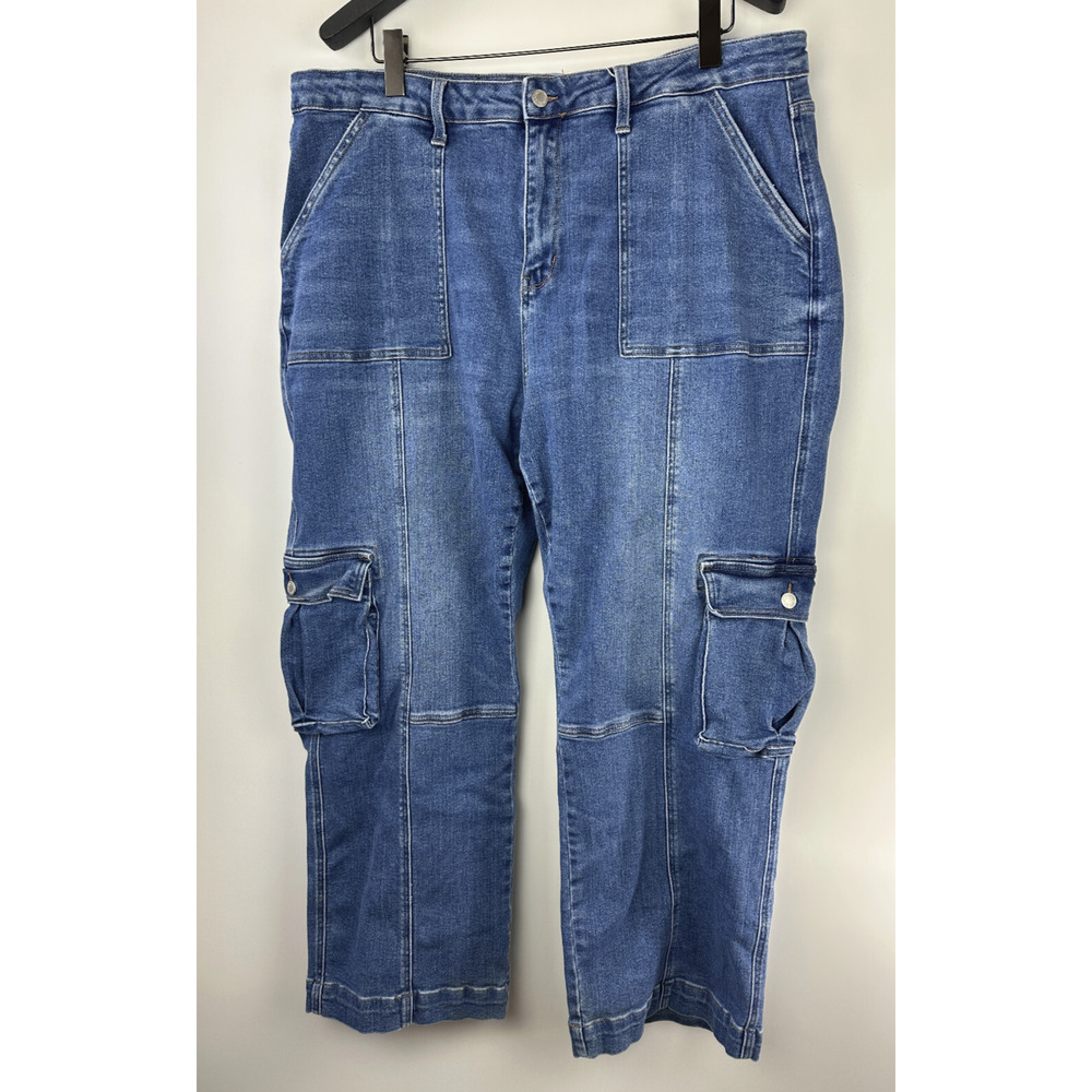 Judy Blue Macon Cargo Wide Leg Jeans High Rise Blue Denim Women's Plus Size 24W - Picture 2 of 16